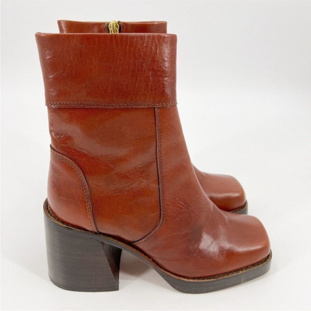 Steve Madden Asset Ankle Boot 7 Cognac Leather Square Toe Block Heel 90's Y2K